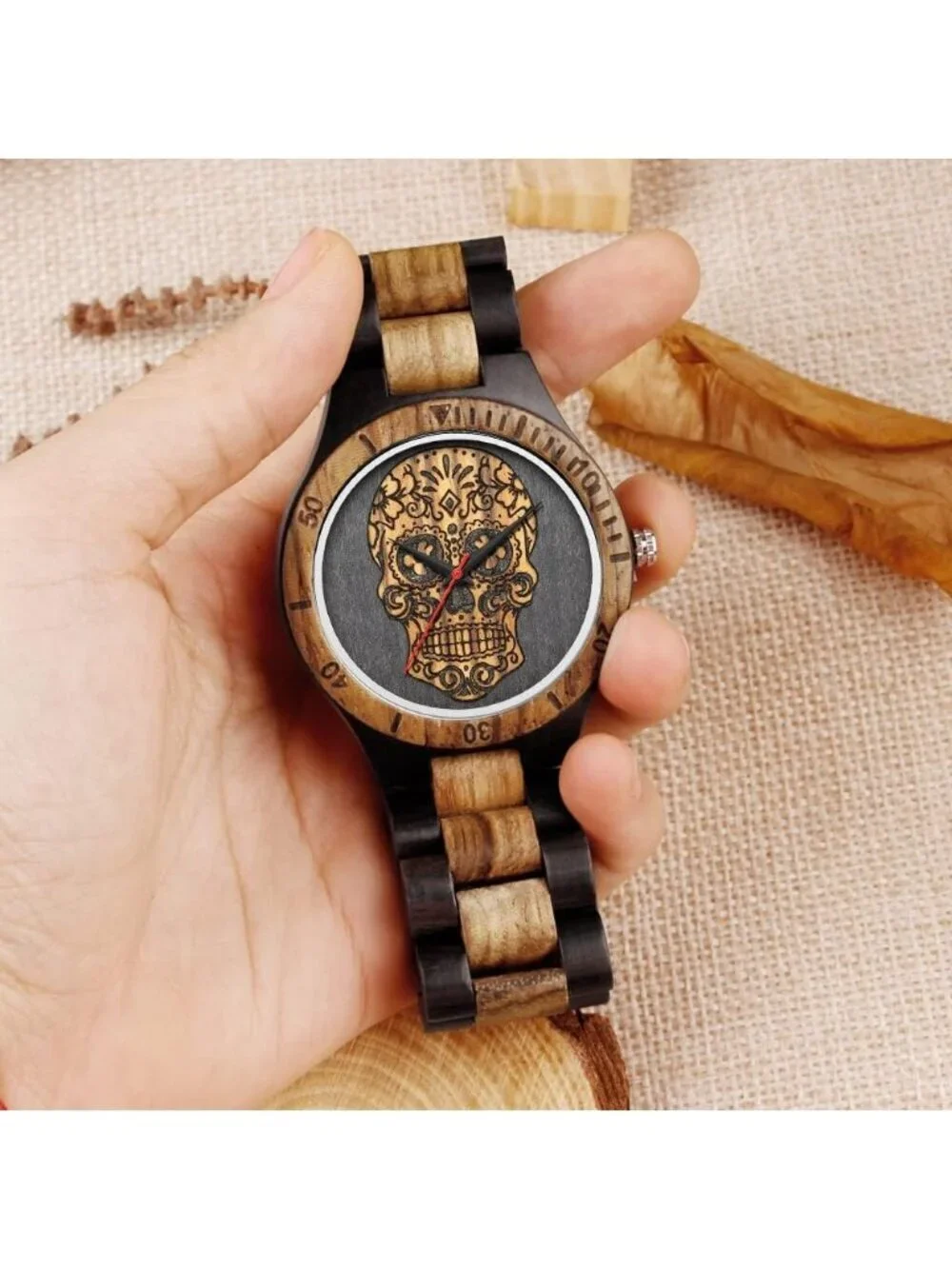 Men's Black&Brown 100% Manual Retro Wrist Analog Quartz Handmade Wooden Watch